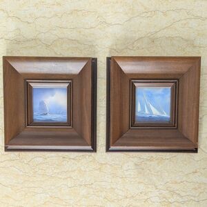 Vintage Pair Mini Sailboat Nautical Coastal Art In Dark Brown Wooden Frames